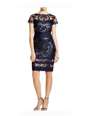 TADASHI SHOJI Navy Blue Sequin Lace Cocktail Dress Womens Sz 14
